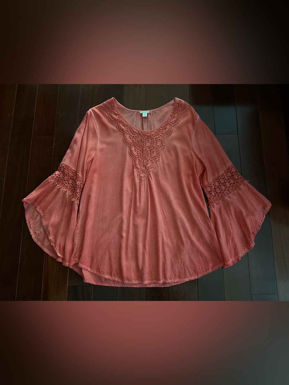 SPENSE Women's Orange Embroidery 100% Viscose Top Flowy Bell Sleeves Size L EUC
